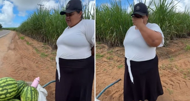 Márcia vendendo melancias. (Foto: Reprodução/Instagram/Stefano Di Vittoria)