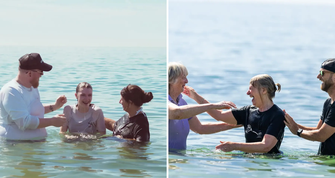 Batismos realizados na praia de Bournemouth, no sul da Inglaterra. (Foto: BCP Church Collective)