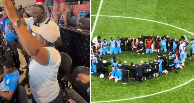 Torcedores da RD Congo louvam a Deus nas arquibancadas, enquanto jogadores e comissão técnica se ajoelham em oração após a partida. (Captura de tela/Instagram/JuniorMuhubao; X/BallersinGod)