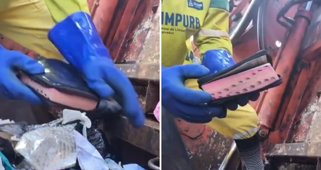 Gari mostra a Bíblia encontrada entre os resíduos. (Captura de tela/Instagram/ogaridagravata18ofc)