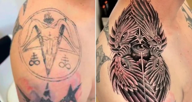 Dalton transformou o símbolo satânico em um desenho de um anjo. (Foto: Reprodução/Instagram/redemption__tattoos).