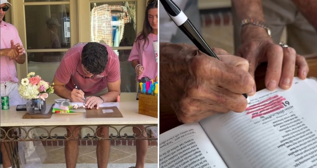 A família destacando versículos durante o chá. (Foto: Reprodução/Instagram/Amy White)