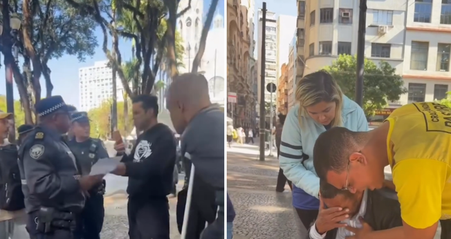 Guarda municipal aborda pregadores durante culto na Praça da Sé, em SP. (Captura de tela/Instagram/@gritoderuabr)