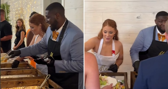 Os noivos servindo o jantar. (Foto: Reprodução/Instagram/Abigail Stasior)
