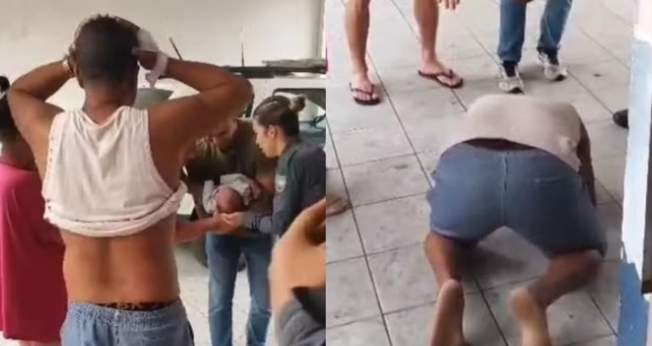 O pai do bebê orou de joelhos pedindo ajuda a Deus. (Foto: Reprodução/G1).