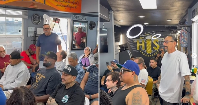 Homens louvando a Deus na barbearia. (Foto: Reprodução/Instagram/Mark Gonzalez)