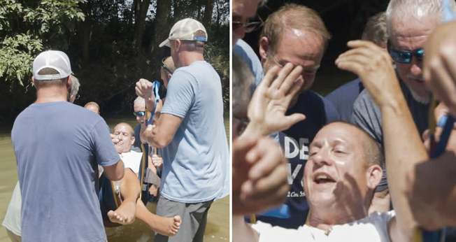 Homem com paralisia é batizado em um riacho, com a ajuda de membros da igreja. (Foto: Parkway Baptist Church)