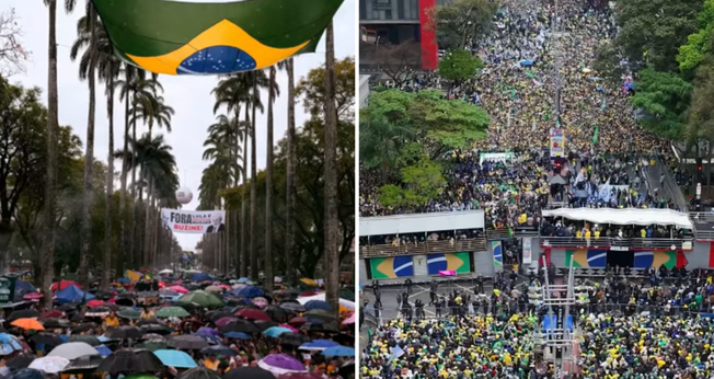 Manifestações do 7 de Setembro na Praça da Liberdade, em Belo Horizonte (à esquerda), e na Avenida Paulista, em São Paulo (à direita). (Capturas de tela: Instagram/Nikolas Ferreira/Silas Malafaia)