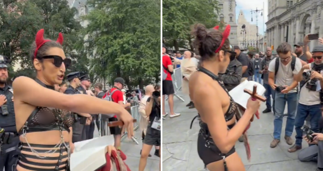 Ativista trans segura um crucifixo e rasga páginas da Bíblia em Nova York. (Captura de tela/X/TPUSA)