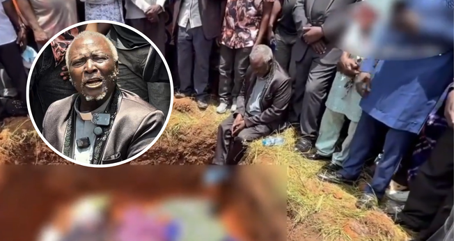 Pastor Ezekiel Dachomo, desolado, sentado à beira da cova com os corpos de três membros de sua igreja. (Captura de tela/YouTube/No Weapon Ministries)
