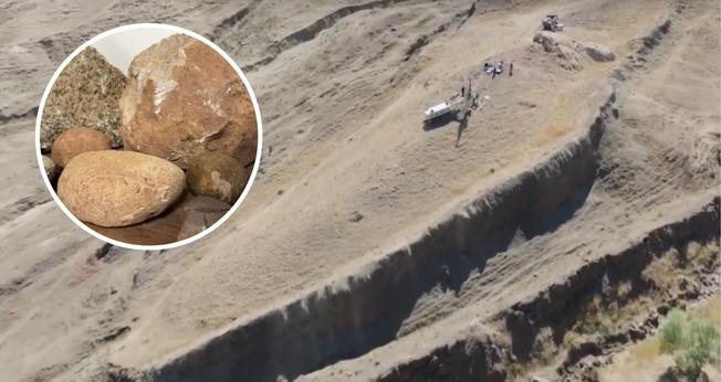 Formação de Durupınar, investigada como possível local da Arca de Noé; em destaque, materiais exibidos durante a cobertura das pesquisas. (Captura de imagem: Haberler)