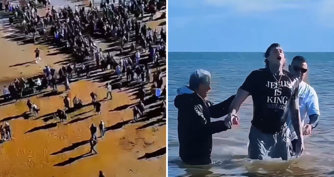 Batismo coletivo reúne cerca de 550 pessoas em praia da Inglaterra. (Captura de tela/Instagram/Merlin Kraft)