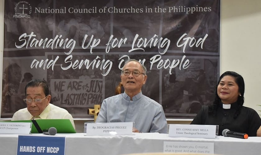 Conselho Nacional de Igrejas nas Filipinas em coletiva de imprensa após ser listado pelo governo como terrorista. (Foto: NCCP)