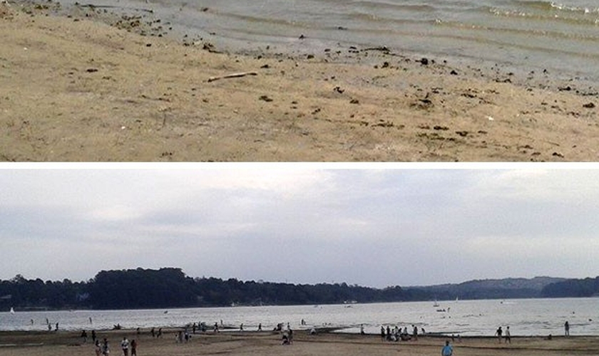 Internauta registra mudanças na Represa Guarapiranga em um ano. Na primeira foto, em 8 de setembro de 2013, água ocupava porção maior de praia artificial