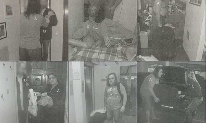 Algumas das 337 fotos da reconstituição do assassinato do zelador Jezi de Souza; nas imagens, o casal Martins dá sua versão para o crime em São Paulo
