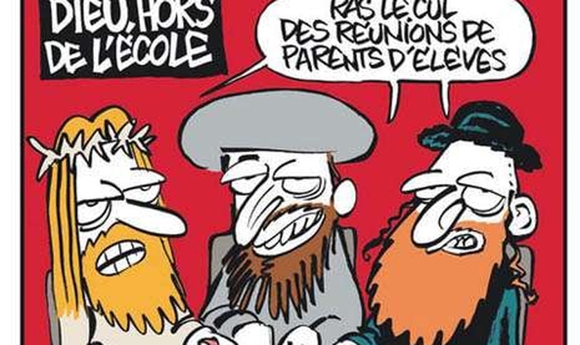 Capa da Charlie Hebdo, sugerindo que Jesus estaria em uma "reunião de pais e mestres", sem a participação de Deus.