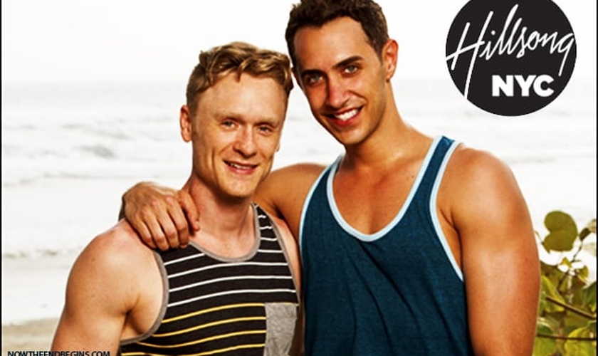 Na imagem publicada por um site norte-americano, Josh Canfield e Reed Kelly aparecem como o casal gay que supostamente estaria liderando o coral em NY