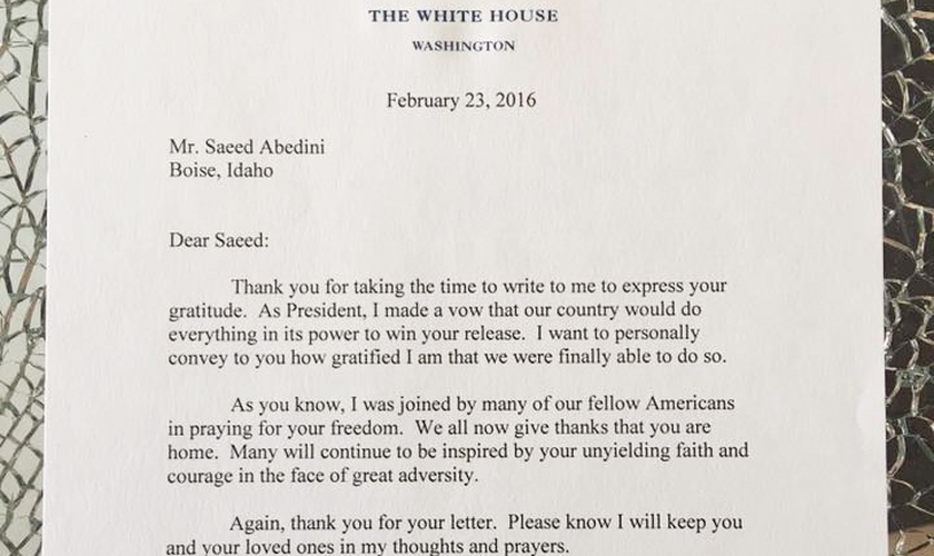  A mensagem de Obama veio em resposta à carta de agradecimento enviada anteriormente pelo pastor. (Foto: Facebook/Saeed Abedini)