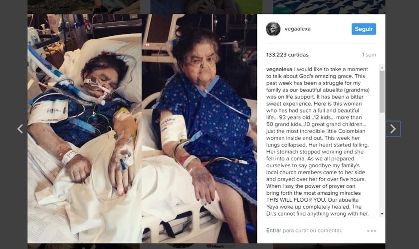 Imagem publicada por Alexa Pena Vega no Instagram mostra sua vó e relata o milagre com ela ocorrido. (Imagem: Instagram)