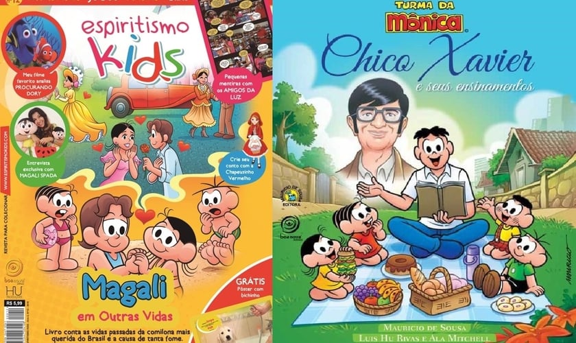 Revista 'Espiritismo Kids' divulga o livro "Magali em outras Vidas" (à esquerda) e a capa do livro "Chico Xavier e Seus Ensinamentos" (à direita). (Imagem: Guiame)