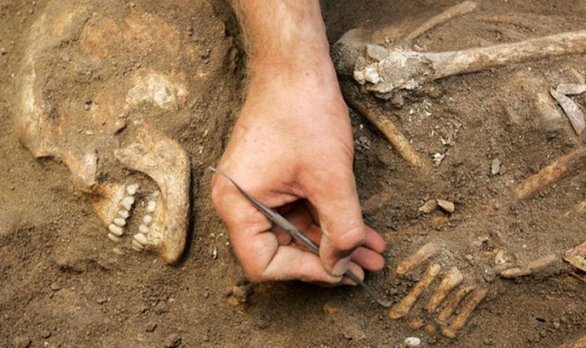Arqueólogos descobrem esqueleto humano, do período cananeu de 1.800 a.C. (Foto: REUTERS/ ALI HASHISHO)
