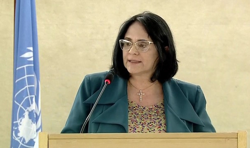 Ministra da Mulher, Família e Direitos Humanos, Damares Alves, em discurso na ONU. (Foto: Reprodução/TV Globo)