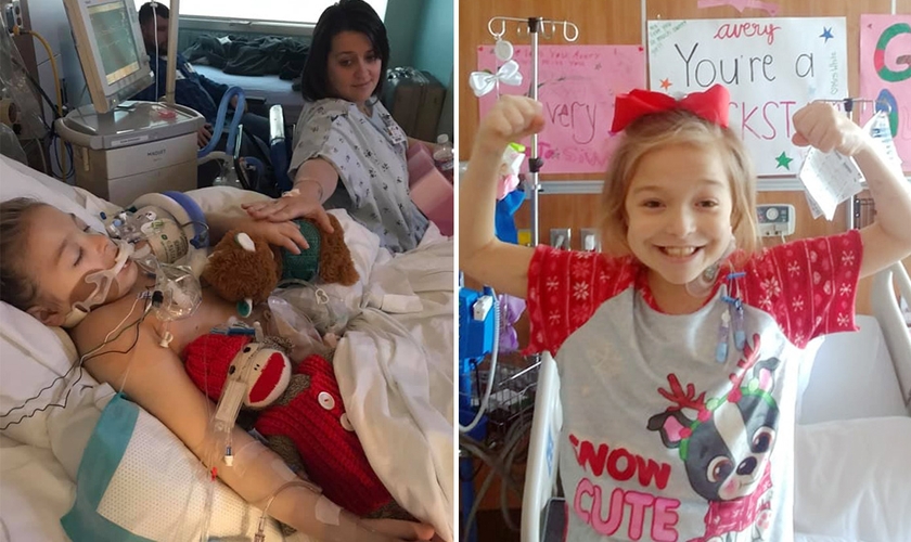 Avery Brekle junto com sua doadora, a irmã Sara adotiva (à esquerda) e em seu quarto se recuperando do transplante (Foto: Reprodução/Facebook/BPress)