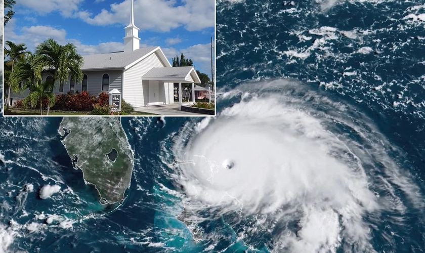 Imagens de satélite do furacão Dorian sobre as Bahamas e igreja New Life, antes de ser destruída. (Fotos: Reprodução/KRDO/Randy Crowe)