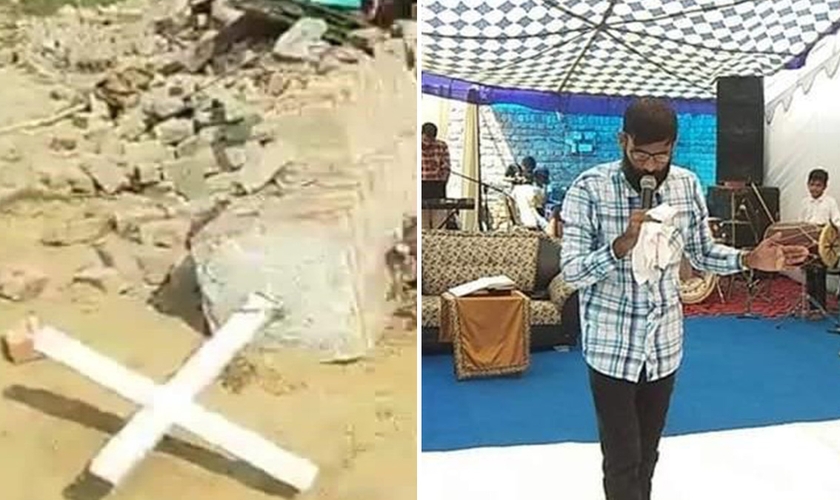Restos da igreja cristã demolida pelas autoridades indianas (à esquerda) e culto sendo realizado ao ar livre (à direita). (Foto: Reprodução/Premier)