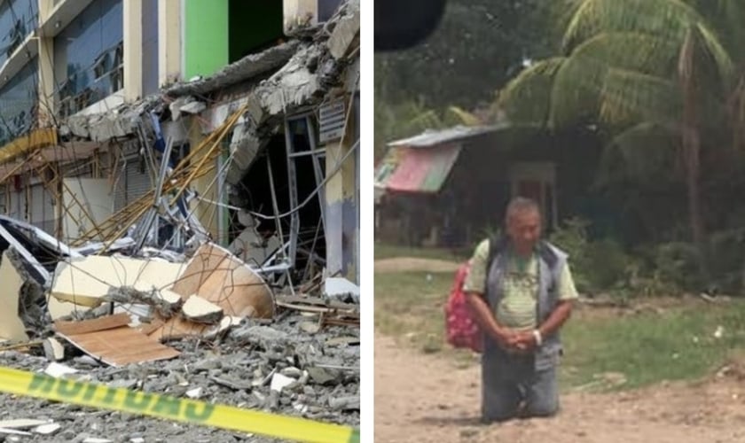 Prédio danificado pelo terremoto de 6,6 graus; homem ora de joelho na rua. (Foto: Reprodução/Amazonas/God TV)