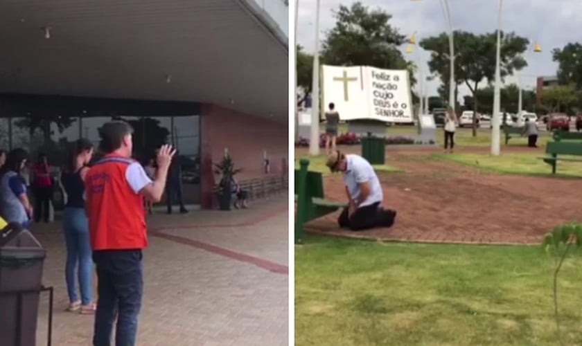 À direita, o prefeito Leonaldo Paranhos em oração com moradores de Cascavel. À esquerda, cidadãos orando na Praça da Bíblia. (Foto: Catve)