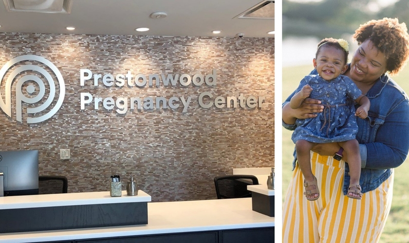Unidade da Prestonwood Pregnancy Center e uma mãe com seu filho, atendida pela instituição. (Foto: Reprodução / BP Press)
