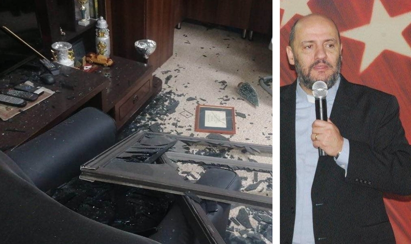 Pastor Said Deeb e imagem do escritório da igreja após as explosões. (Foto: Reprodução / Facebook)