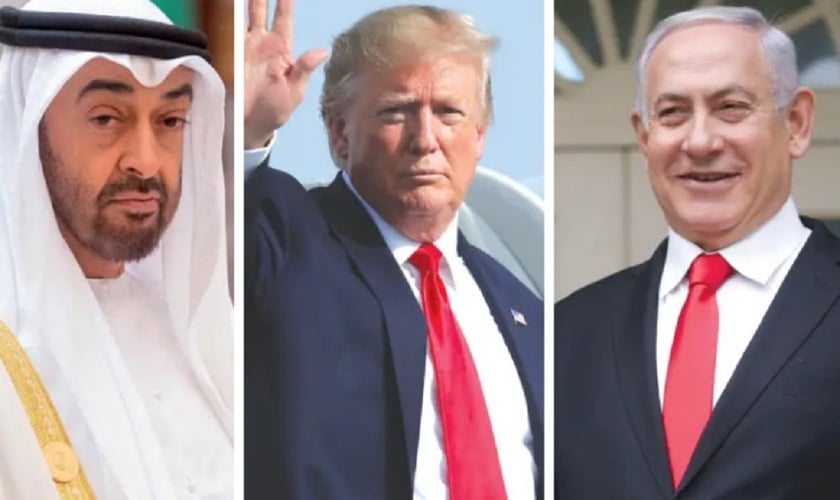 Sheik Mohammed Bin Zayed, príncipe herdeiro de Abu Dhabi, presidente dos EUA, Donald Trump, e primeiro-ministro de Israel, Benjamin Netanyahu. (Foto: Reuters)