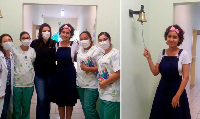 Ellen Cristina Lopes da Silva, de 16 anos, tocou o sino para simbolizar o final de seu tratamento no Hospital da Criança do Grendacc, em Jundiaí. (Foto: Reprodução / Tribuna de Jundiaí)