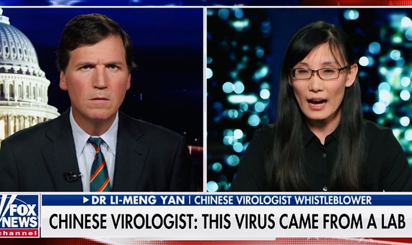A Dra. Li-Meng Yan deu entrevista para o apresentador Tucker Carlson, denunciando que o coronavírus foi liberado intencionalmente de um laboratório chinês. (Imagem: Fox News)