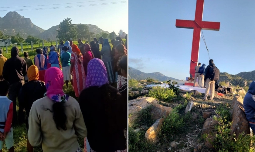 Cruz é removida enquanto cristãos fazem oração no local. (Foto: Reprodução / AsiaNews)