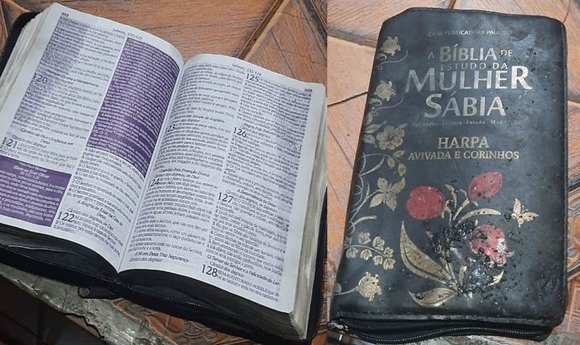 A Bíblia foi encontrada intacta, após a casa de Andressa ser destruída pelo fogo. (Foto: Arquivo Pessoal)