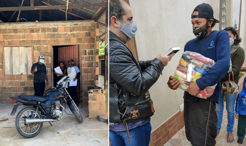 Integrante do Ministério Motociclístico Abençoados faz entrega das doações em comunidade de SP. (Foto: Reprodução / BP Press)