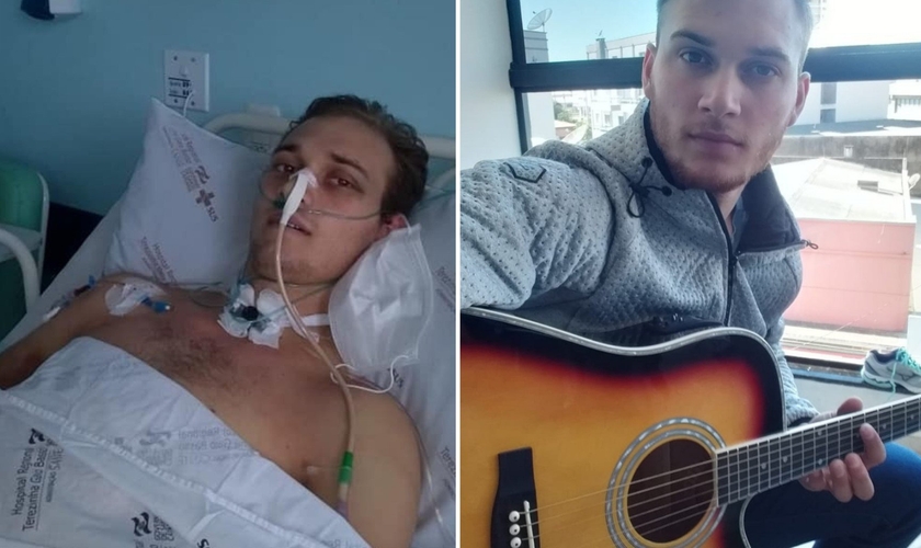 Mateus Perondi de Lima com seu violão e antes, internado após ter sofrido grave acidente. (Foto: Reprodução / Lance Notícias)