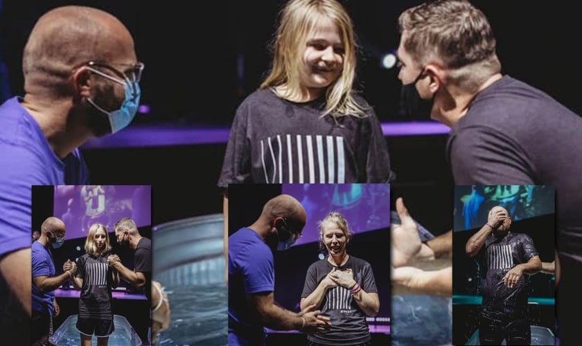 Emma e sua família são batizadas nas águas. (Foto: Reprodução / GOD TV)