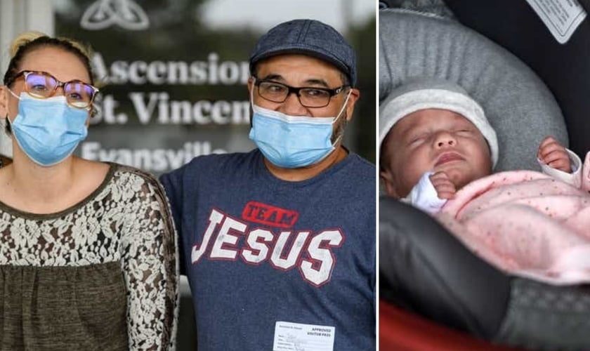 Miranda e Tobi Hernandez finalmente deixam o hospital com seu bebê Adelee. (Foto: Sam Owens / Courier Press)