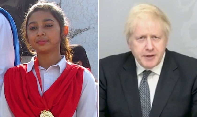 Maira Shahbaz (à esquerda) enviou uma 'carta' ao primeiro-ministro do Reino Unido, Boris Johnson (à direita), pedindo ajuda, enquanto teme por sua própria vida e de sua família, após fugir de um casamento islâmico forçado, no Paquistão. (Foto: Daily Mail)