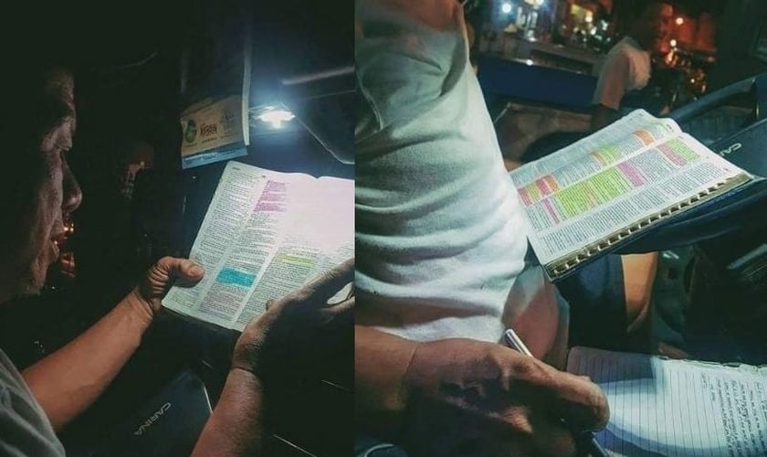 Motorista estuda a Bíblia enquanto aguarda passageiros, nas Filipinas. (Foto: Reprodução / GOD TV)