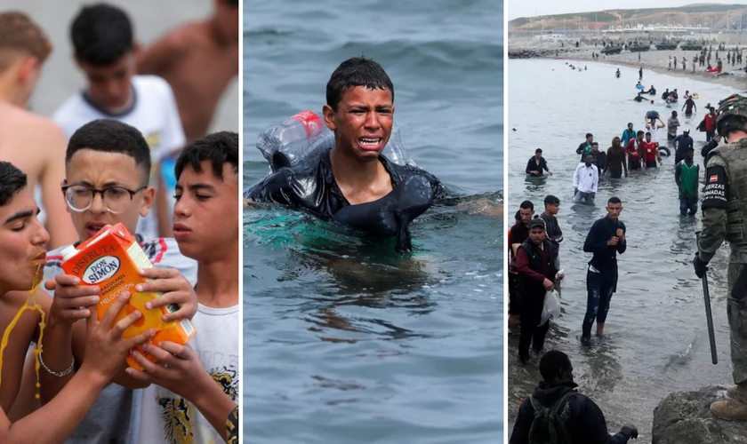 Imagens de migrantes que chegam pela praia em Celta. (Foto montagem: Jon Nazca/Reuters)