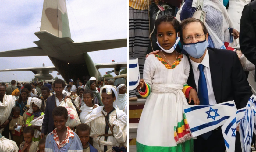 Chegada de judeus etíopes a Israel, em 1991; Presidente do Executivo Isaac Herzog dá as boas-vindas aos olim etíopes na Operação Zur, em 2020. (Foto: IDF / Agência Judia)