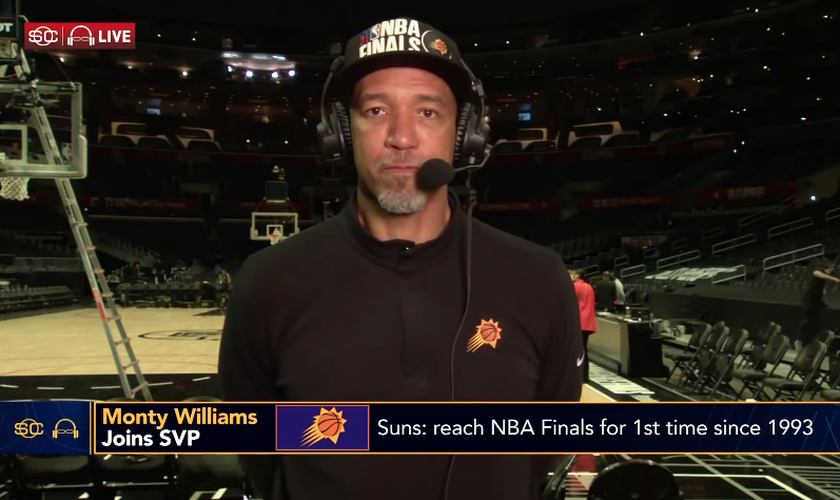 O técnico do Phoenix Suns, Monty Williams, durante entrevista à ESPN. (Foto: Reprodução/NBA on ESPN)