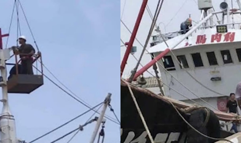 Empreiteiros do PCC do Condado de Qushan removendo uma cruz de um barco de pesca. (Foto: ChinaAid).