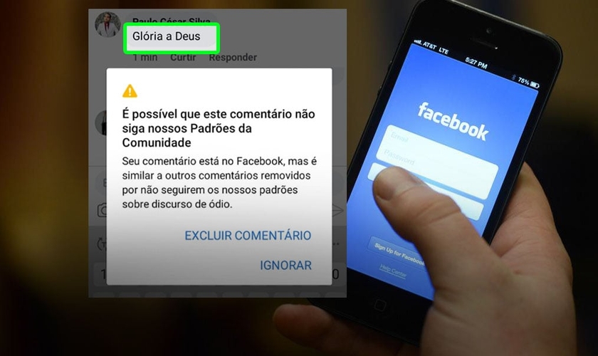 Mensagem do Facebook sobre postagem “Glória a Deus. Aleluia”. (Foto: Montagem Guiame)