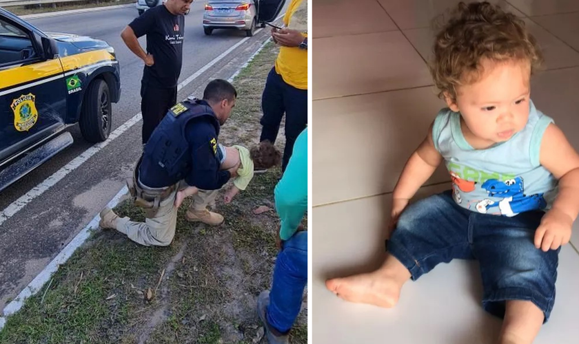 Policial salvando o bebê Josué Levi que estava engasgado. (Foto: Divulgação/PRF)